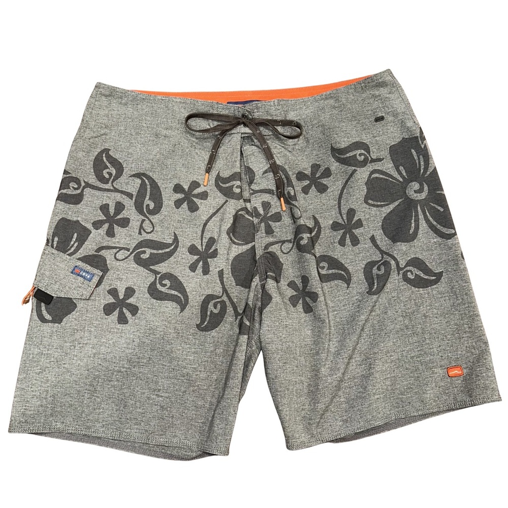 Men’s Cova Swim Trunks Board Shorts , Gray All Around Tropical Print Size 38